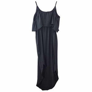 Black A-symmetrical sheer blouson tie waist dress Medium Nerlerolion